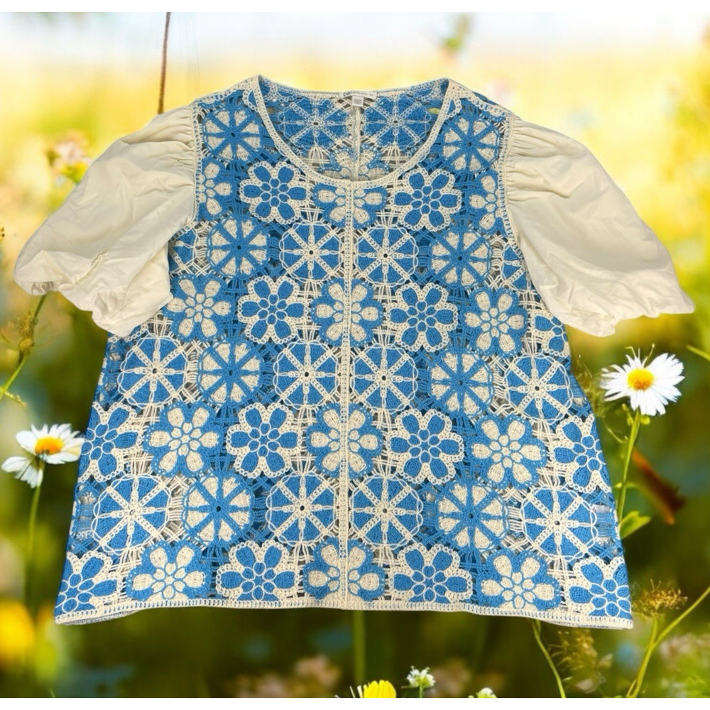 Cato Blue and White Crochet Lace Peasant Blouse